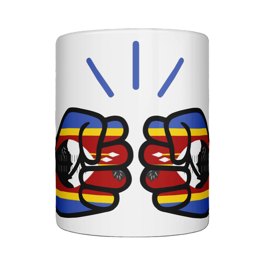 A glossy white ceramic We Run Tings Eswatini mug with a design featuring fists and the text 'We Run Tings'. On a white background
