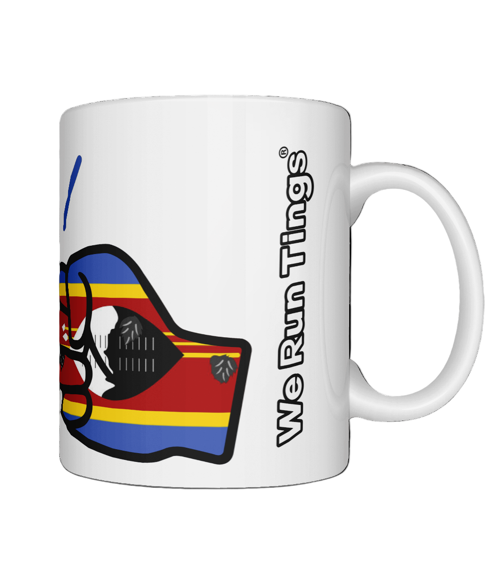 A glossy white ceramic mug with a graphic design of the Eswatini flag and the brand 'We Run Tings'. Side view on a white background.