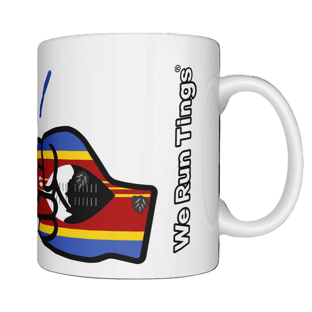 A glossy white ceramic mug with a graphic design of the Eswatini flag and the brand 'We Run Tings'. Side view on a white background.