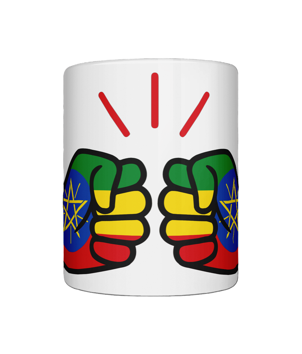 A glossy white We Run Tings Ethiopia Mug ceramic mug with a graphic design of fists in different colors on the side. On a white background