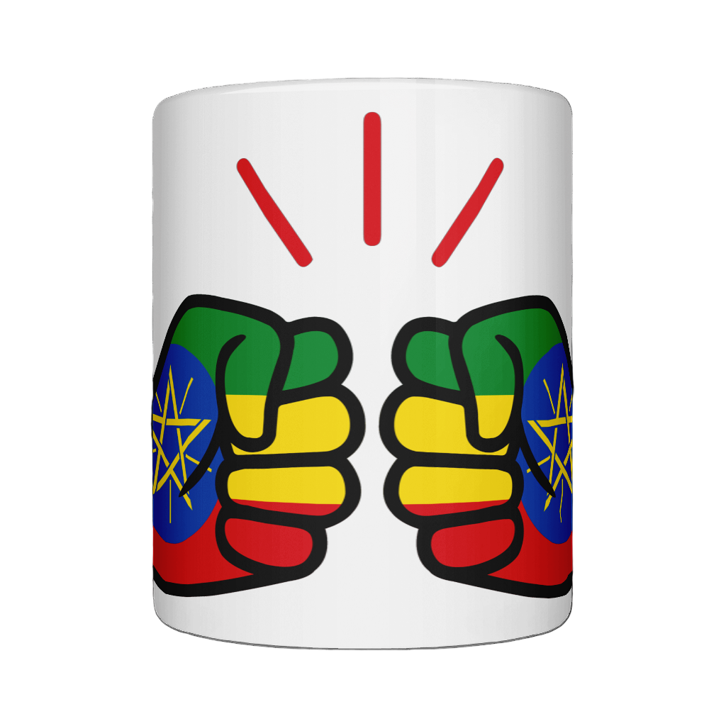 A glossy white We Run Tings Ethiopia Mug ceramic mug with a graphic design of fists in different colors on the side. On a white background