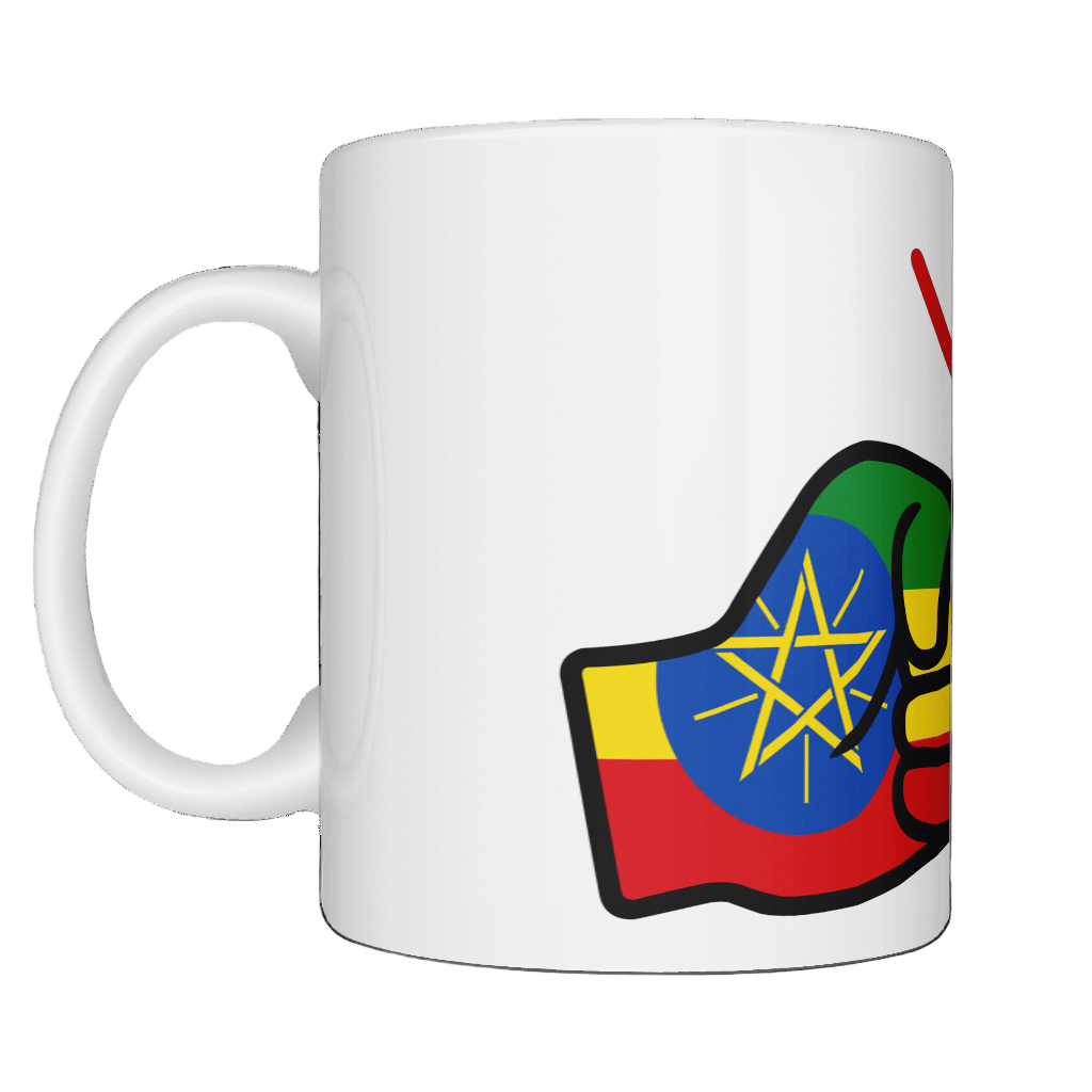 A glossy white ceramic We Run Tings Ethiopia Mug with a graphic design of a fist and the colors of the Ethiopia flag. Side view
