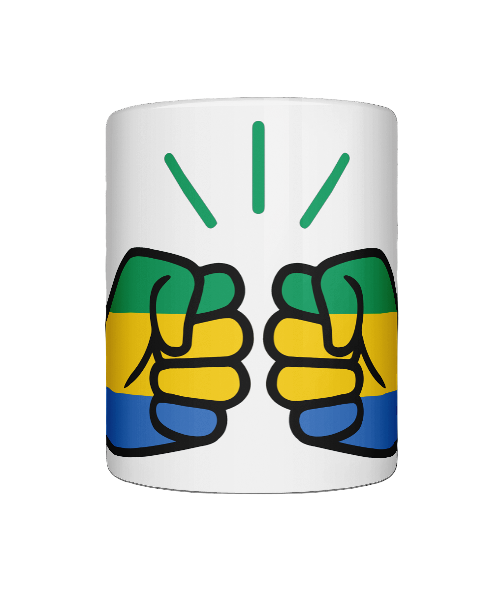 A glossy white We Run Tings Gabon ceramic mug with a design featuring the brand logo with the Gabonese flag colors and the brand 'We Run Tings'. on a white bakground.