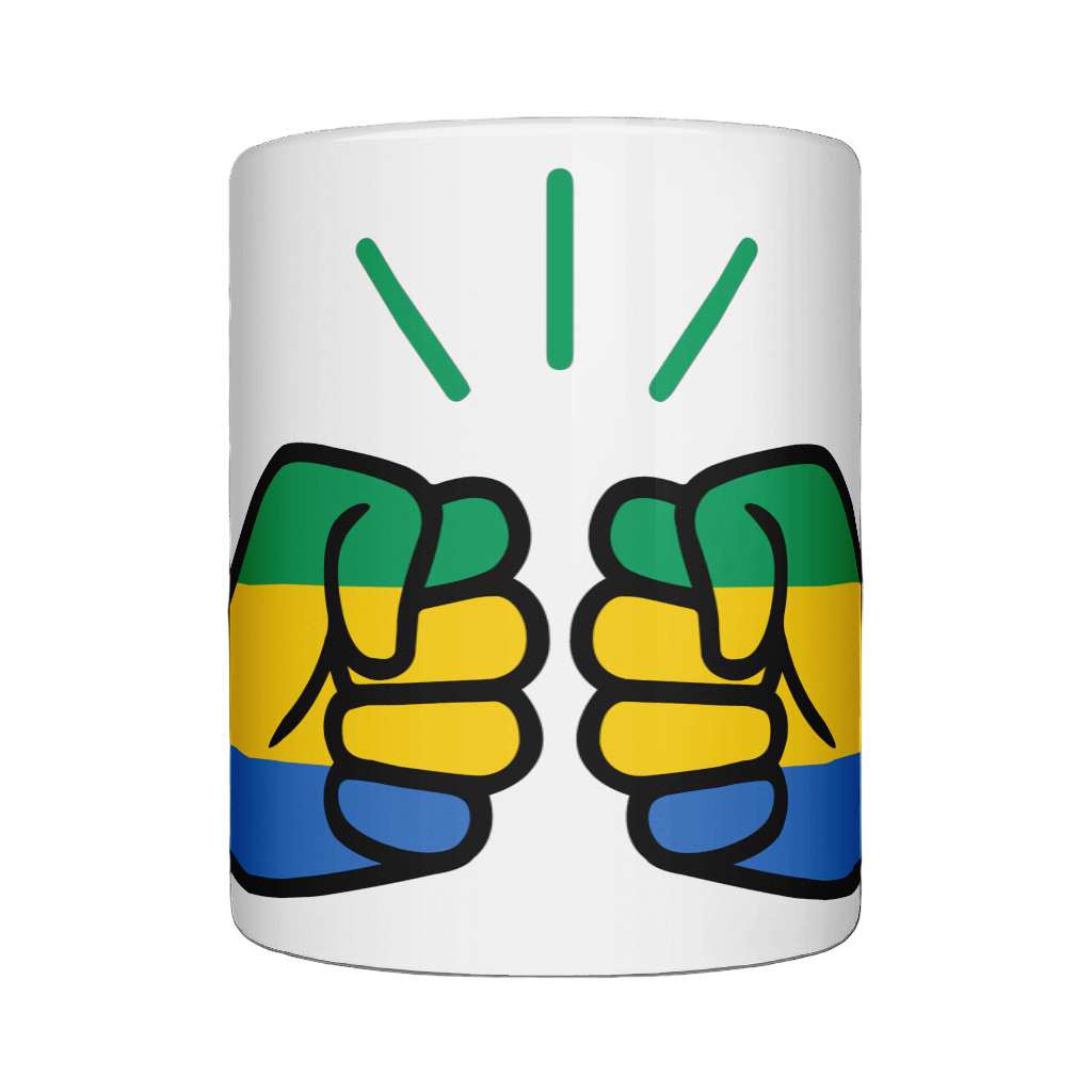 A glossy white We Run Tings Gabon ceramic mug with a design featuring the brand logo with the Gabonese flag colors and the brand 'We Run Tings'. on a white bakground.