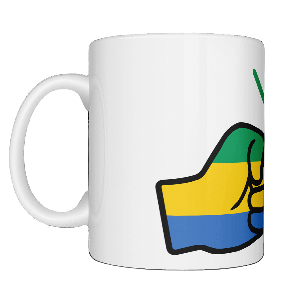 A glossy white ceramic We Run Tings Gabon Mug with a graphic design of a fist and the colors of the flag of Gabon. On a white background. Side view.