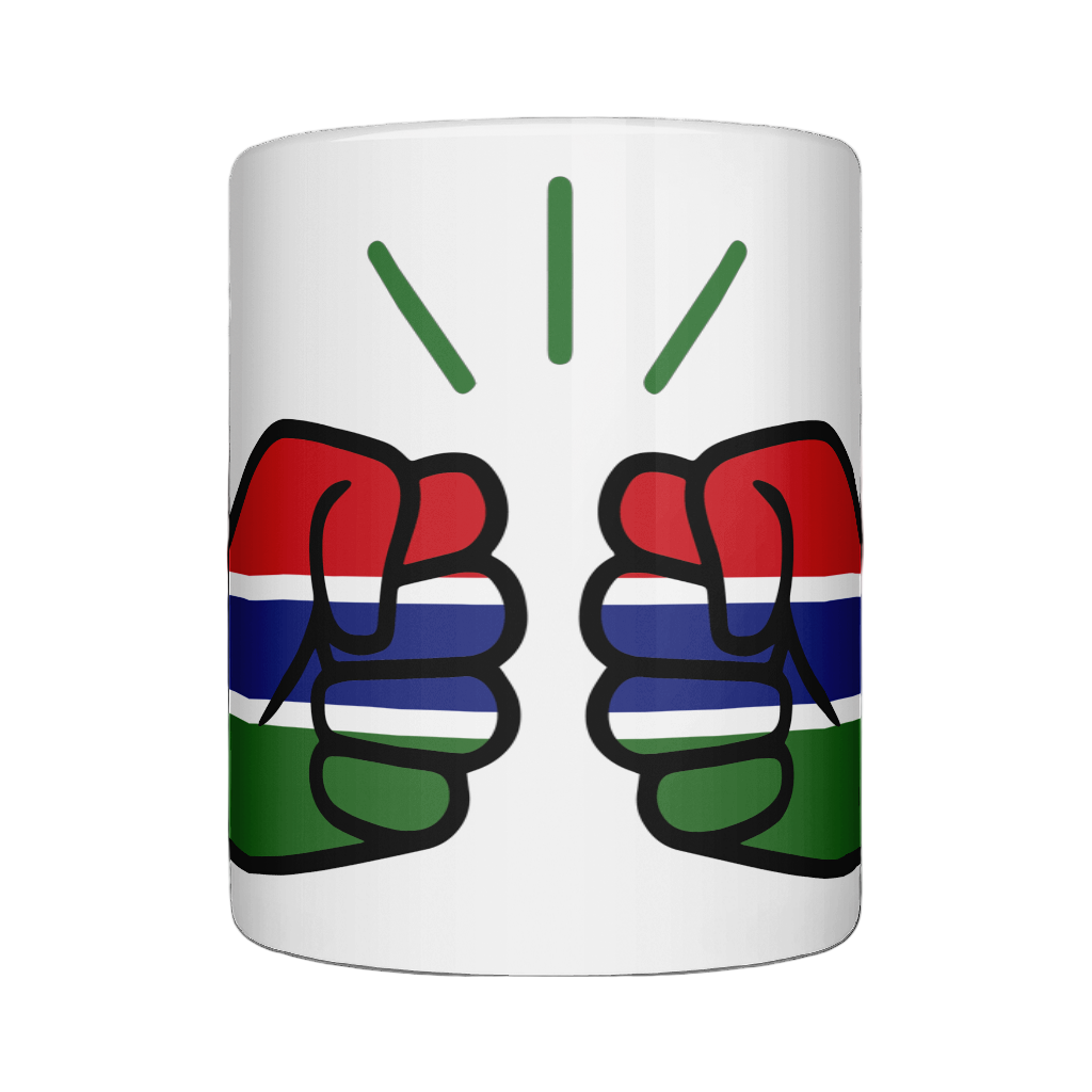 Glossy white ceramic mug featuring a patriotic We Run Tings logo with two fists displaying the flag of Gambia on a white background.