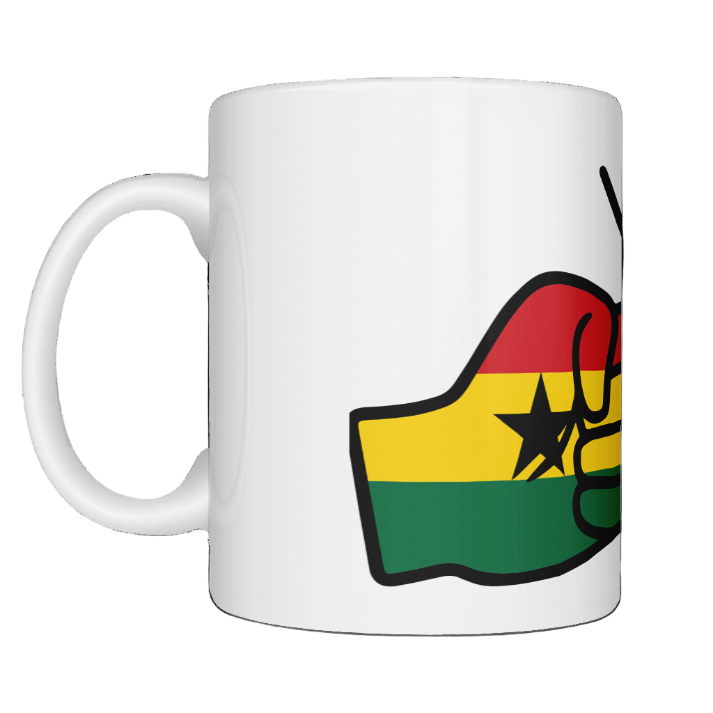 Glossy white ceramic mug featuring a patriotic We Run Tings logo with two fists displaying the flag of Ghana. Side view on a white background.