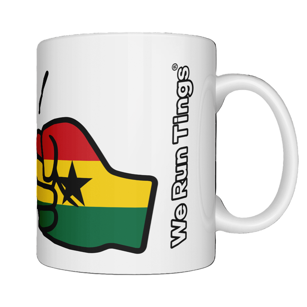 Glossy white ceramic mug featuring a patriotic We Run Tings logo with two fists displaying the flag of Ghana. Side view on a white background displaying the brand name.
