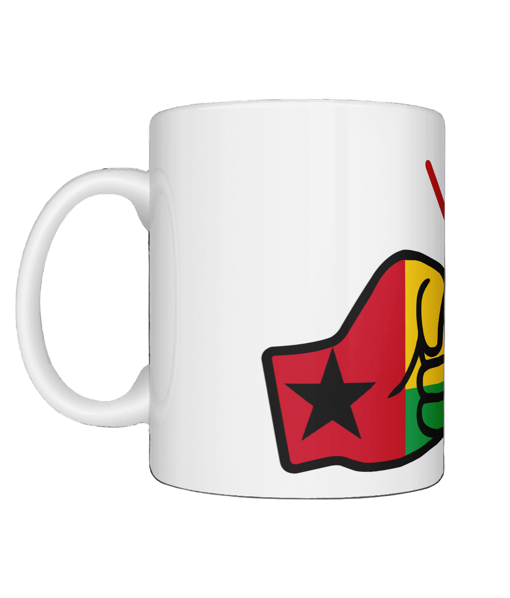 We Run Tings Guinea-Bissau White mug with a colorful graphic design on a white background. Side view