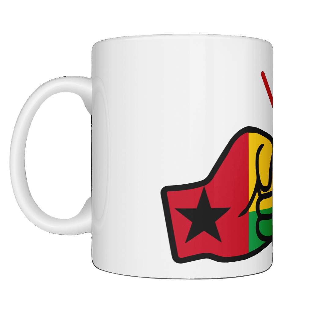 We Run Tings Guinea-Bissau White mug with a colorful graphic design on a white background. Side view