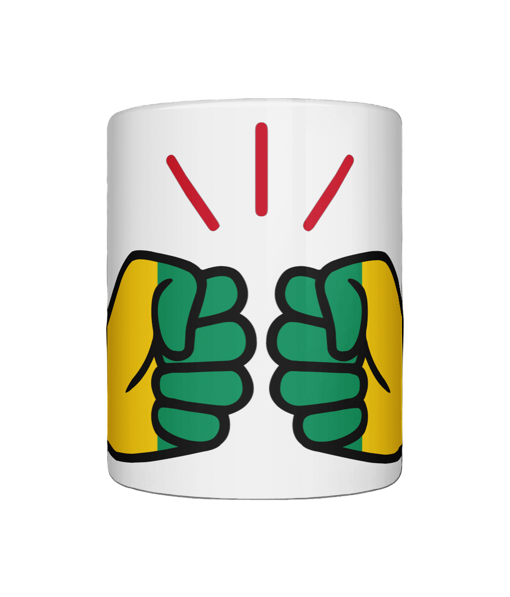 A glossy white We Run Tings Guinea ceramic mug with a hand graphic design in green, yellow and red, indicating 'We Run Tings' brand. On a white background.