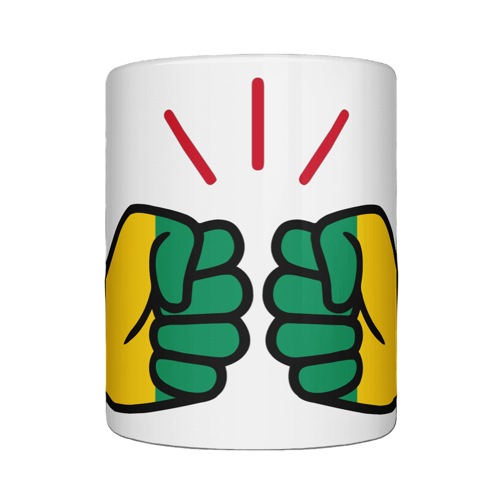 A glossy white We Run Tings Guinea ceramic mug with a hand graphic design in green, yellow and red, indicating 'We Run Tings' brand. On a white background.