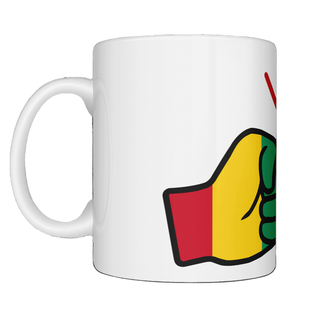 Glossy white ceramic mug featuring a patriotic We Run Tings logo with two fists displaying the flag of Guinea on a white background.