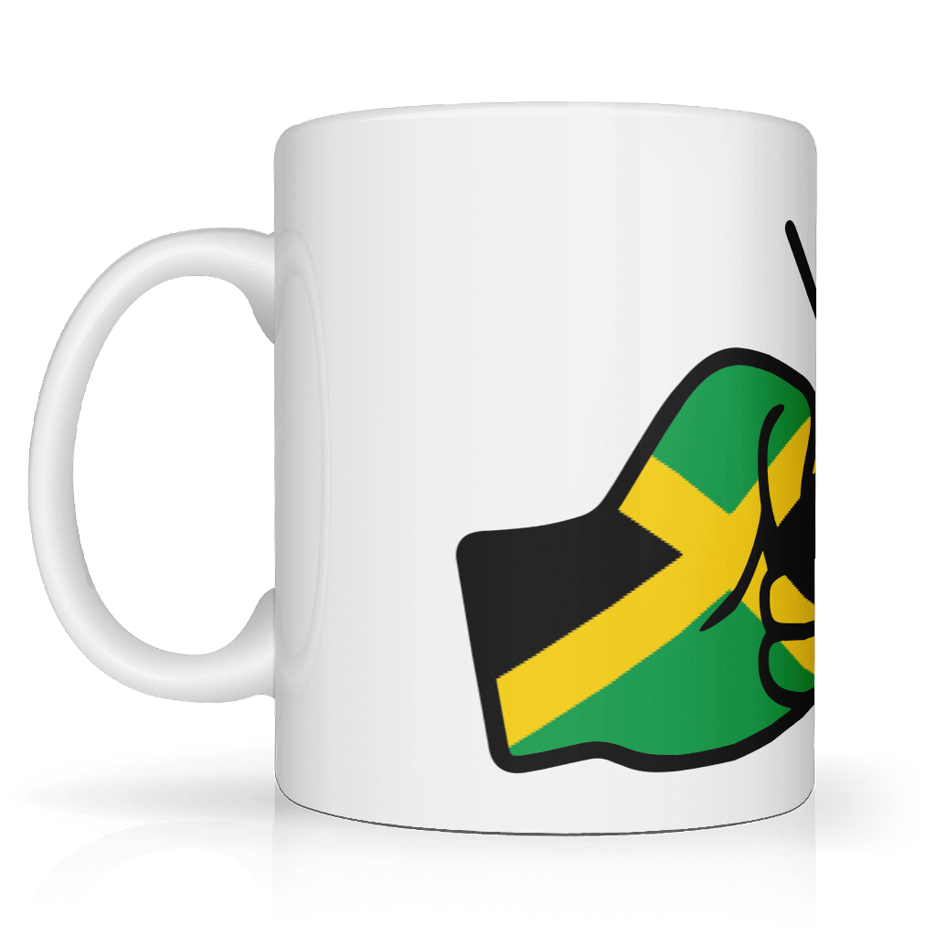 Jamaica themed White mug with a design of a hand giving a thumbs up in green and yellow on a white background