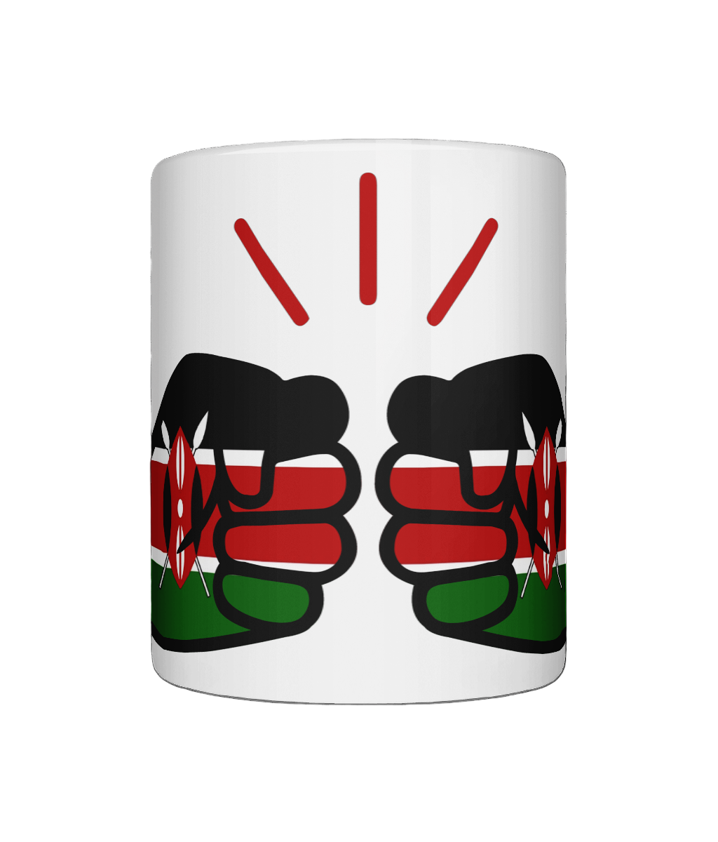 We Run Tings Kenya mug with a design of Mickey Mouse wearing a Kenyan flag shirt on a white background
