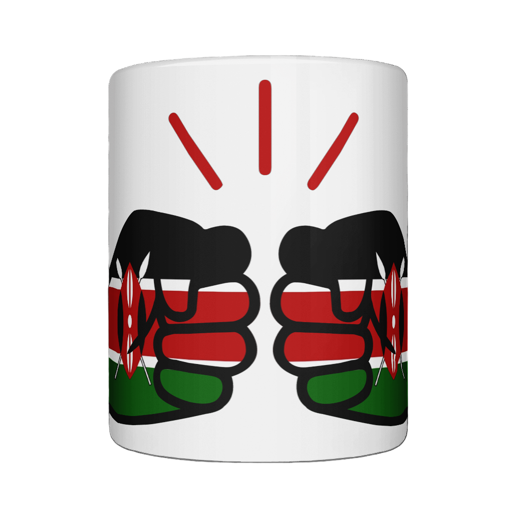 We Run Tings Kenya mug with a design of Mickey Mouse wearing a Kenyan flag shirt on a white background