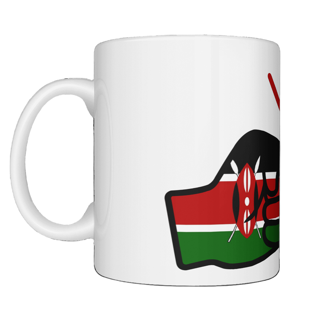We Run Tings Kenya mug with a design of a hand holding a flag on a white background