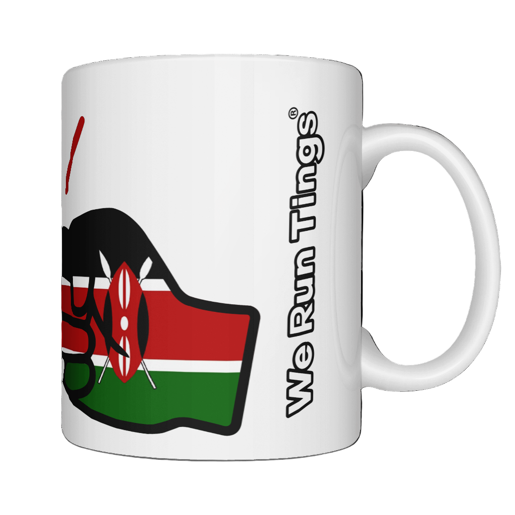 Glossy white ceramic mug featuring a patriotic We Run Tings logo with two fists displaying the flag of Kenya. On a white background