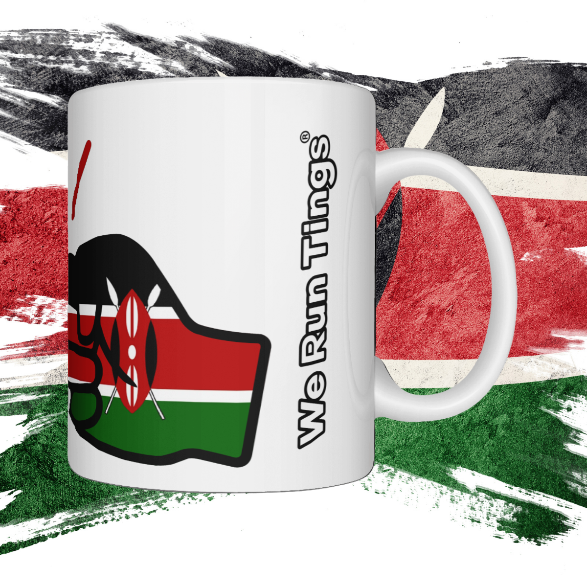 Woman holding a We Run Tings Kenya mug with a graphic design and text on a background resembling the Kenyan flag
