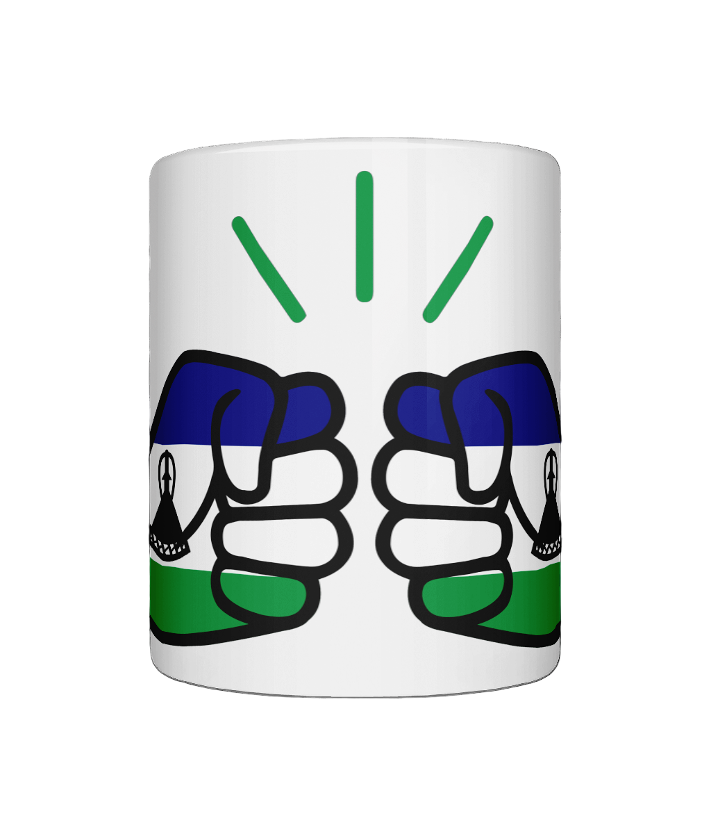 A glossy We Run Tings Lesotho white ceramic mug with a graphic design of two fists making a peace sign, featuring the colours of the Lesotho flag.