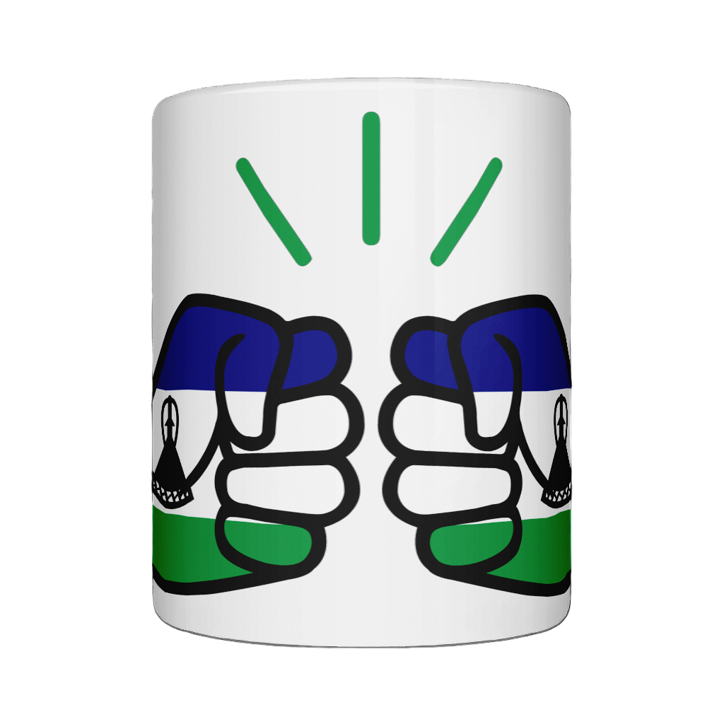 A glossy We Run Tings Lesotho white ceramic mug with a graphic design of two fists making a peace sign, featuring the colours of the Lesotho flag.