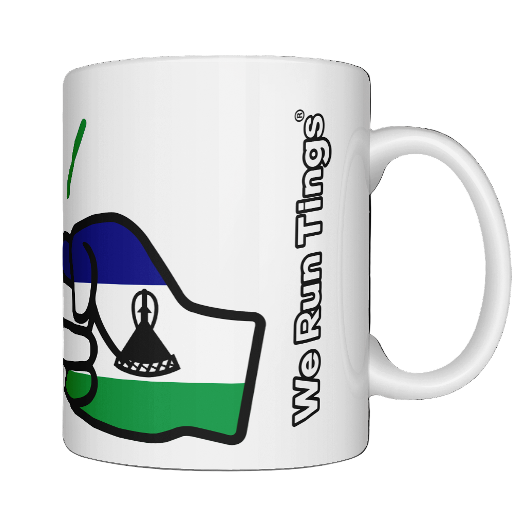 A glossy white ceramic We Run Tings Lesotho mug with a graphic design of a fist and the colors of the Lesotho flag. Front view
