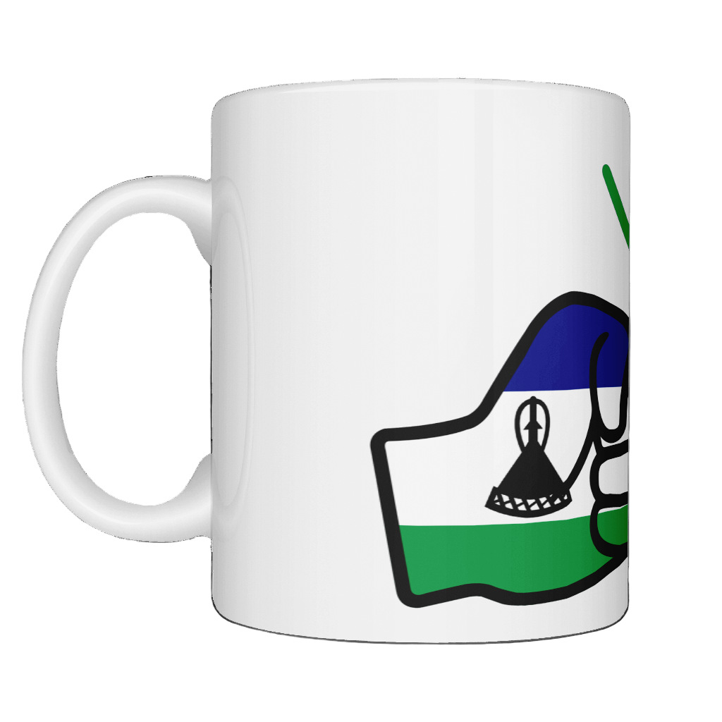 We Run Tings Lesotho glossy white ceramic mug with a graphic design of the flag of Lesotho and the brand logo of 'We Run Tings' on a white background.