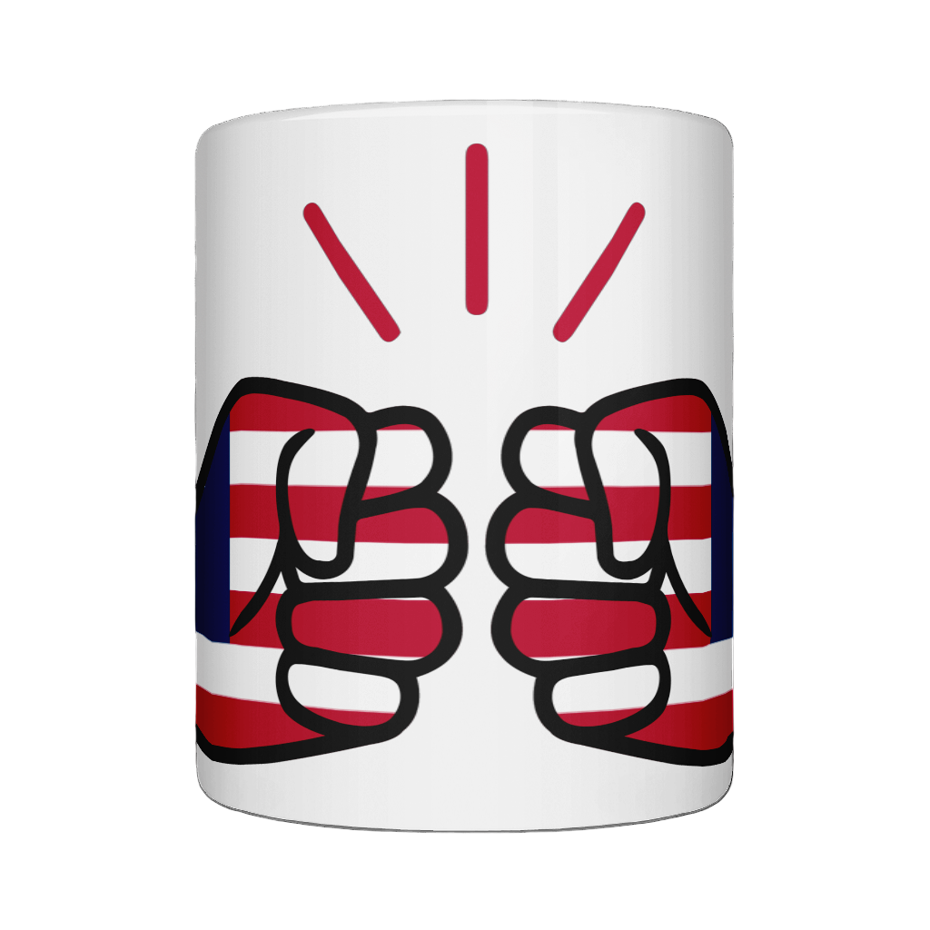 A white ceramic We Run Tings Liberia mug with a graphic design of two fists representing strength or power on a glossy finish. Front view on a white background.