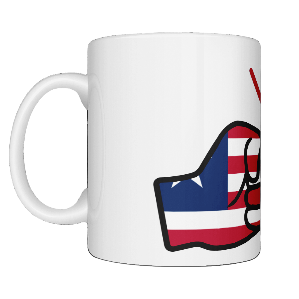 We Run Tings Liberia Mug white ceramic mug displaying the flag of Liberia within the logo. Side view on a white background