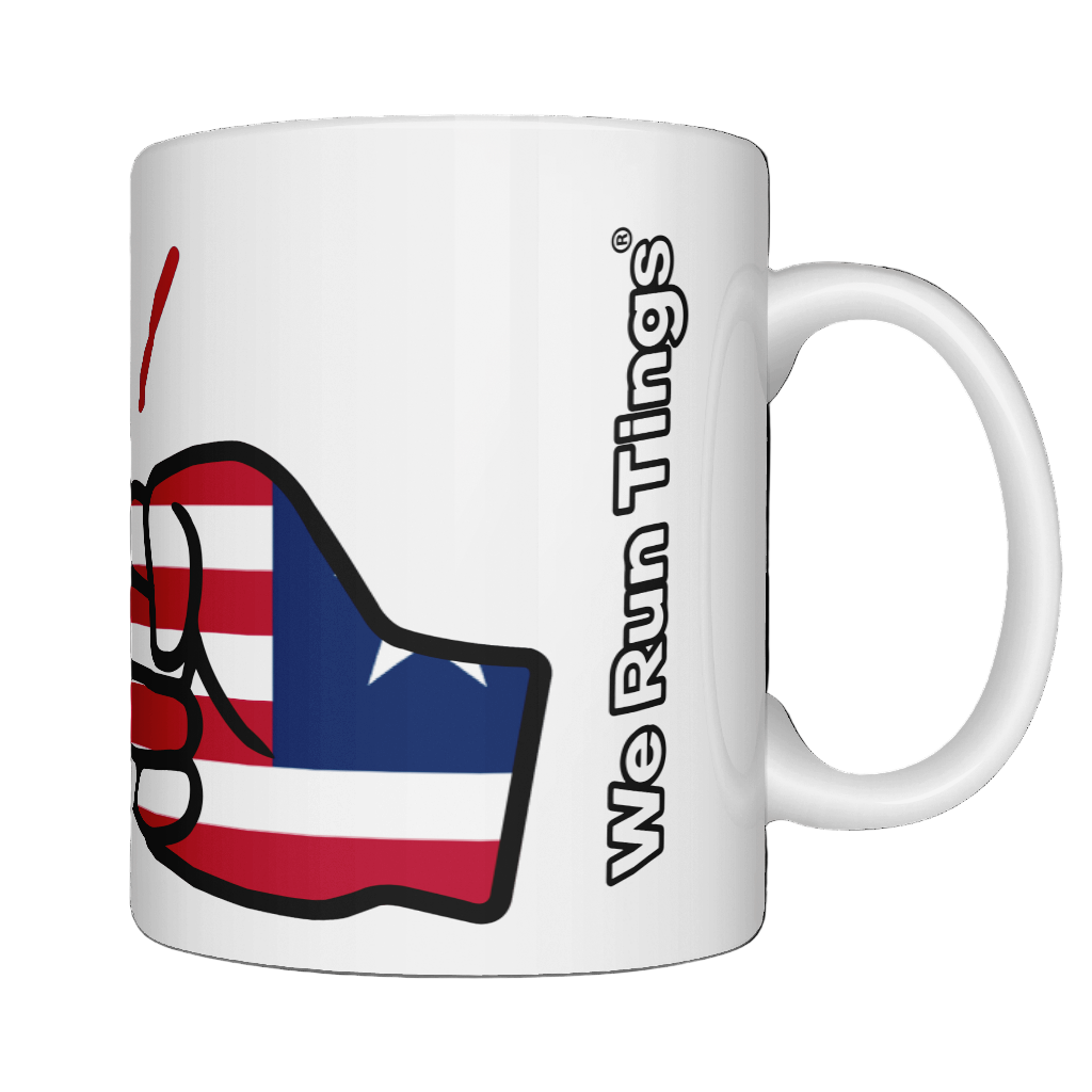 We Run Tings Liberia Mug White mug with a red, white, and blue hand gesture design and 'We Run Ting' text on a white background. Side view on a white background.