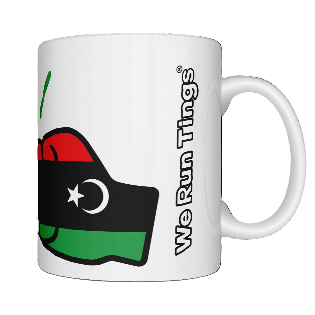 White mug with a graphic flag of Libya and logo of the brand 'We Run Tings' text on a white background. Side view.