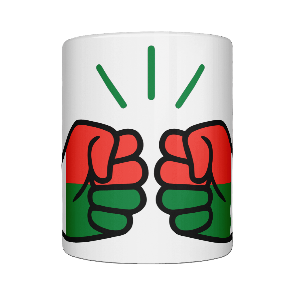 Glossy white ceramic mug featuring a patriotic We Run Tings logo with two fists displaying the flag of Madagascar on a white background.