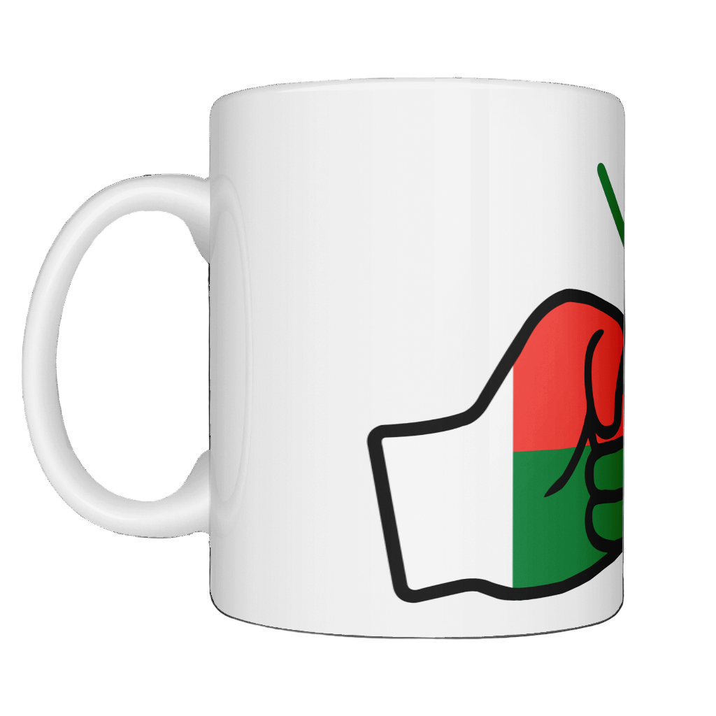 Glossy white ceramic mug featuring a patriotic We Run Tings logo with two fists displaying the flag of Madagascar on a white background.