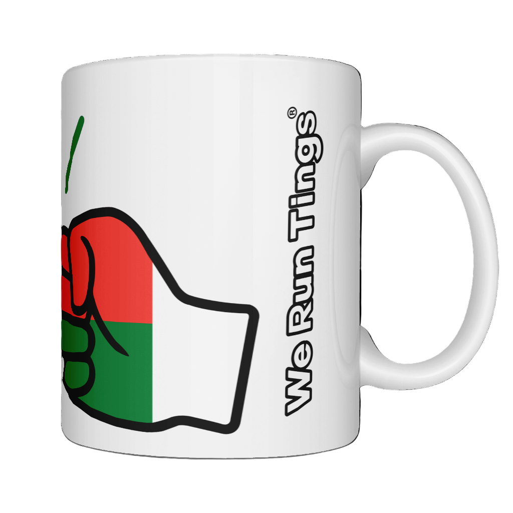 A glossy white ceramic We Run Tings Madagascar coffee ceramic Mug with a graphic design of a fist and the colors of the Madagascar flag. Front view