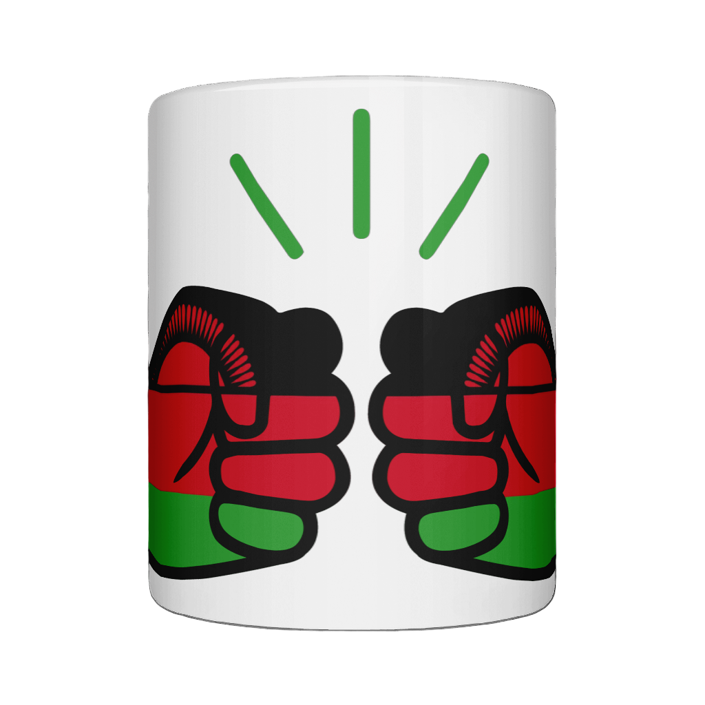A glossy white ceramic mug with a graphic design of the flag of Malawi and the brand logo of 'We Run Tings'. Front view on a white background.