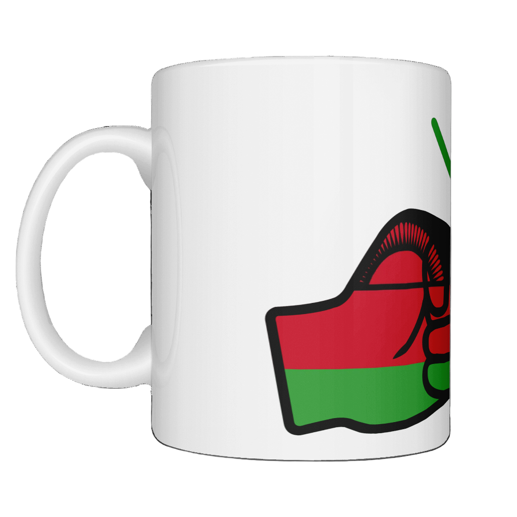 A glossy white ceramic coffee We Run Tings Malawi Mug with a graphic design of a fist and the colors of the Malawi flag. Front view