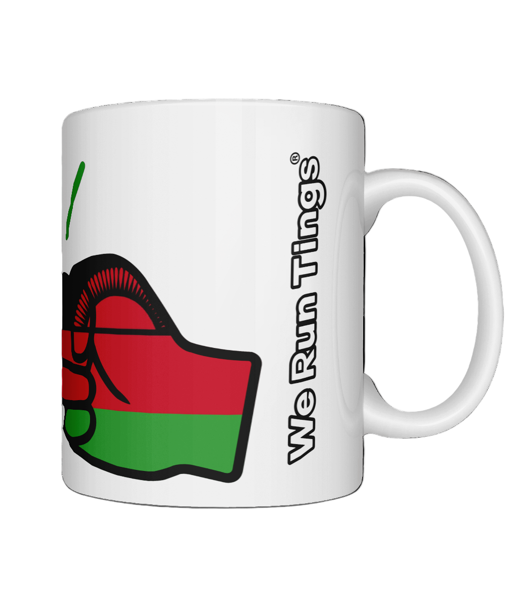 A glossy white ceramic coffee, tea mug, cup with a graphic design of the flag of Malawi and the brand logo of 'We Run Tings'.
