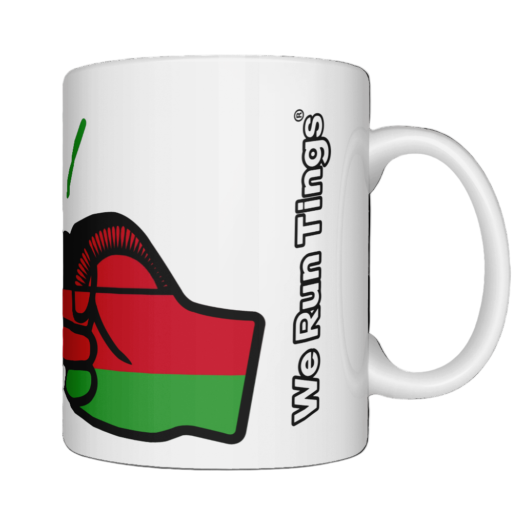 A glossy white ceramic coffee, tea mug, cup with a graphic design of the flag of Malawi and the brand logo of 'We Run Tings'.