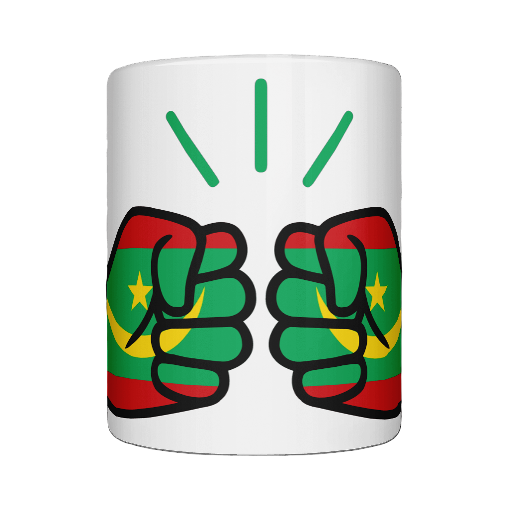 Glossy white ceramic coffee, tea mug, cup featuring a patriotic We Run Tings logo with two fists displaying the flag of Mauritania on a white background