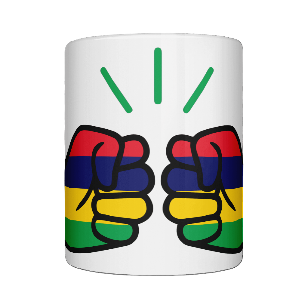 A glossy white ceramic We Run Tings Mauritius tea, coffee, mug, cup with a graphic design of a fist and the colors of the Mauritian flag. On a white background. Front view.