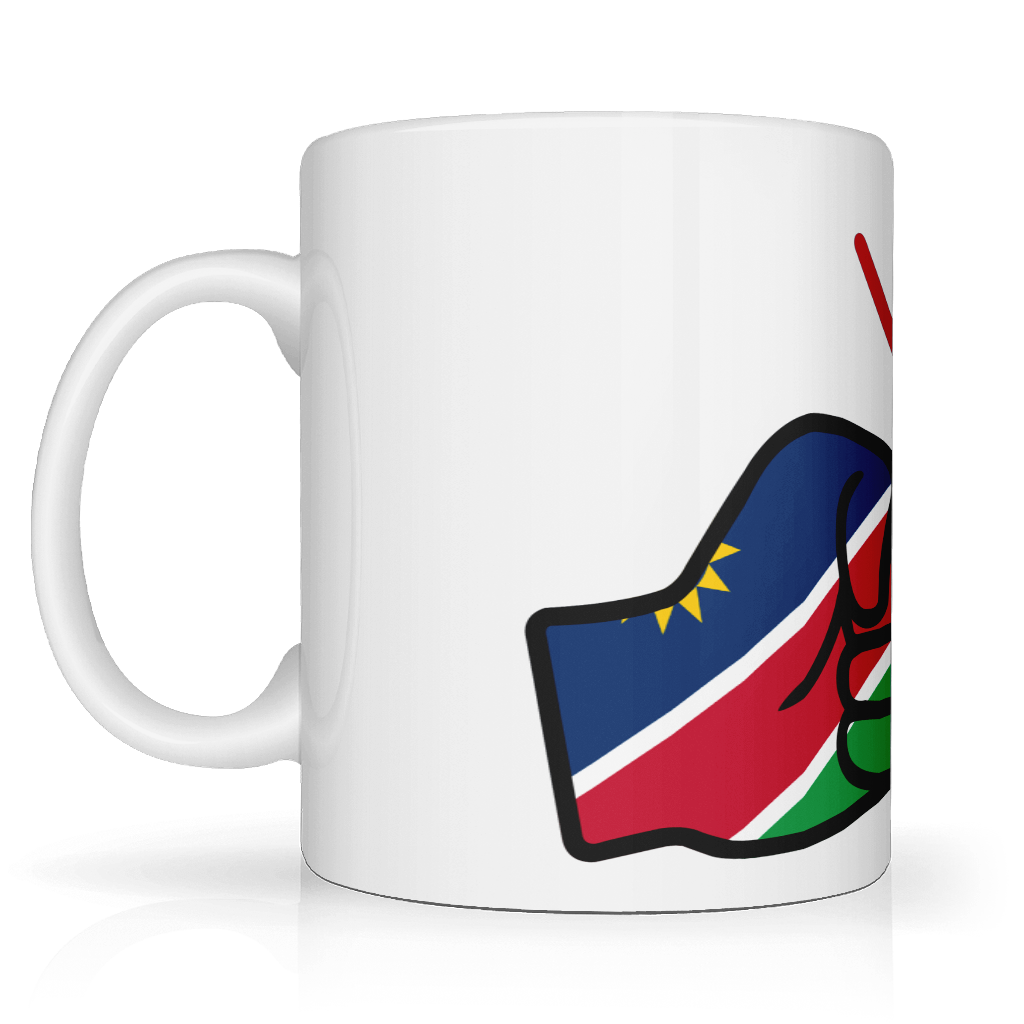 We Run Tings, Namibia Mug, 11oz / 313ml premium ceramic mug. Glossy white finish for a sleek, modern look. Comfortable easy-grip handle. Suitable for hot and cold beverages. Side view.