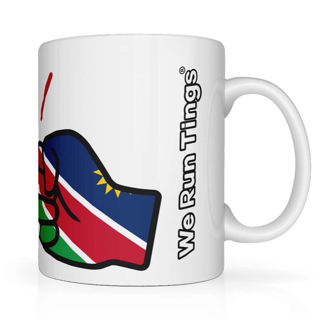 We Run Tings, Namibia Mug, 11oz / 313ml premium ceramic mug. Glossy white finish for a sleek, modern look. Comfortable easy-grip handle. Suitable for hot and cold beverages. Side view showing the brand name We Run Tings.