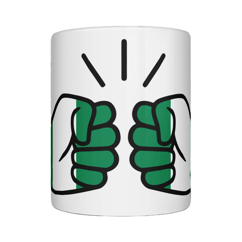 A white ceramic We Run Tings Nigeria tea coffee, tea, mug, cup with a graphic design of a clenched fist and the flag of Nigeria in the We Run Tings logo. side view on a white background.