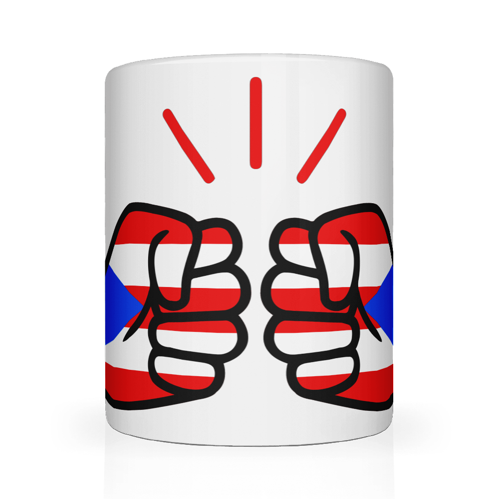 A glossy white We Run Tings ceramic mug with a graphic design of a fist and the colors of the Puerto Rican flag.