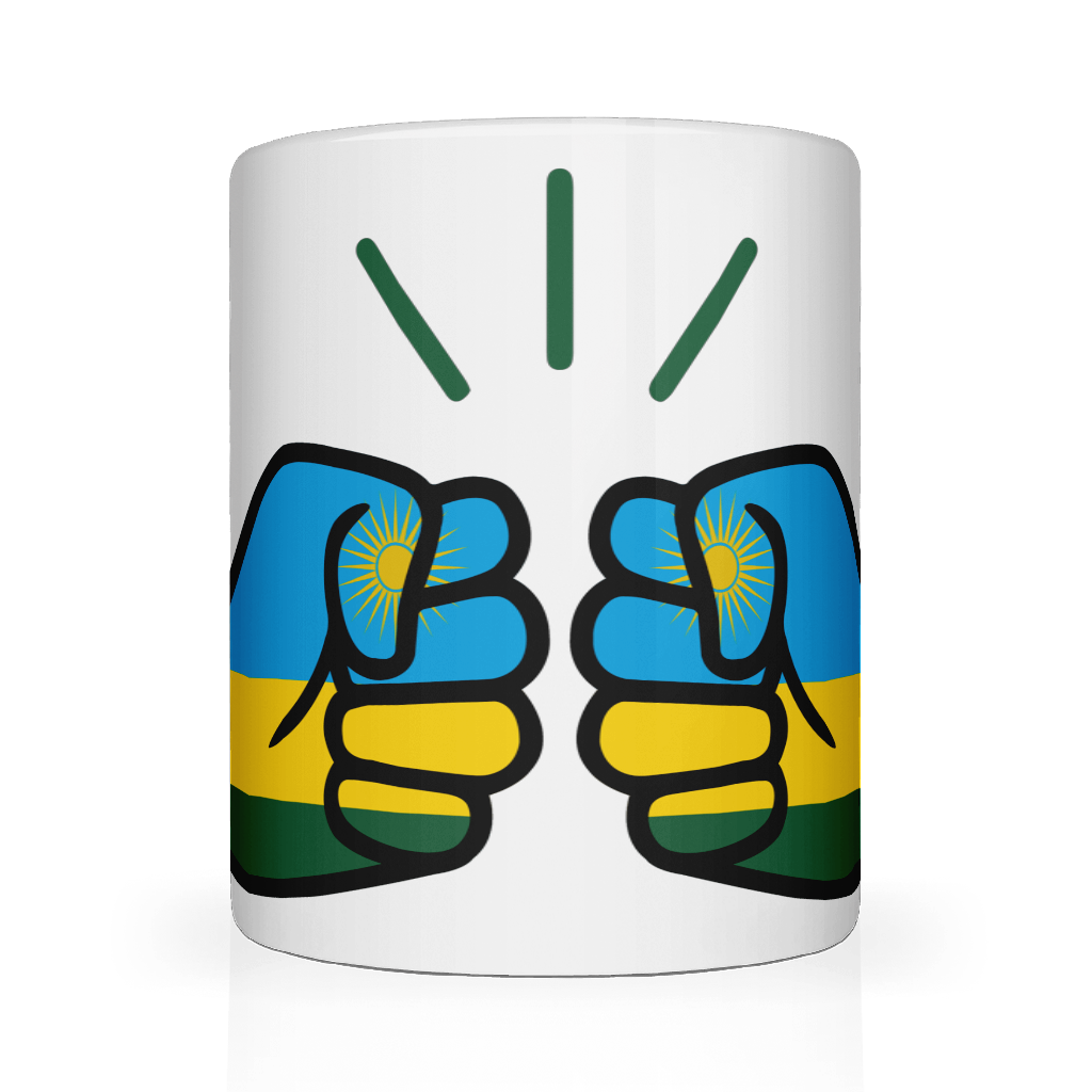 A white ceramic coffee, tea mug with a graphic design of the flag of Rwanda in the We Run Tings Logo. Front view