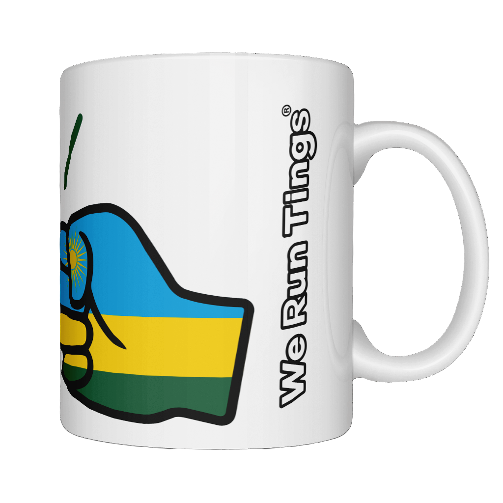 A glossy white ceramic coffee, tea We Run Tings Rwanda Mug, Cup with a graphic design of a fist and the colors of the flag of Rwanda . Side view on a white background