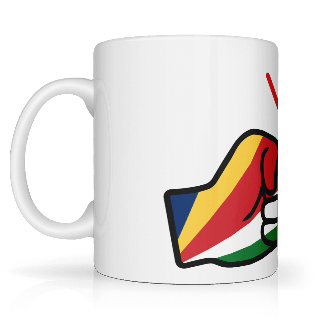 White 11oz ceramic coffee, tea mug with 'We Run Tings' logo and Seychelles flag graphic. side view