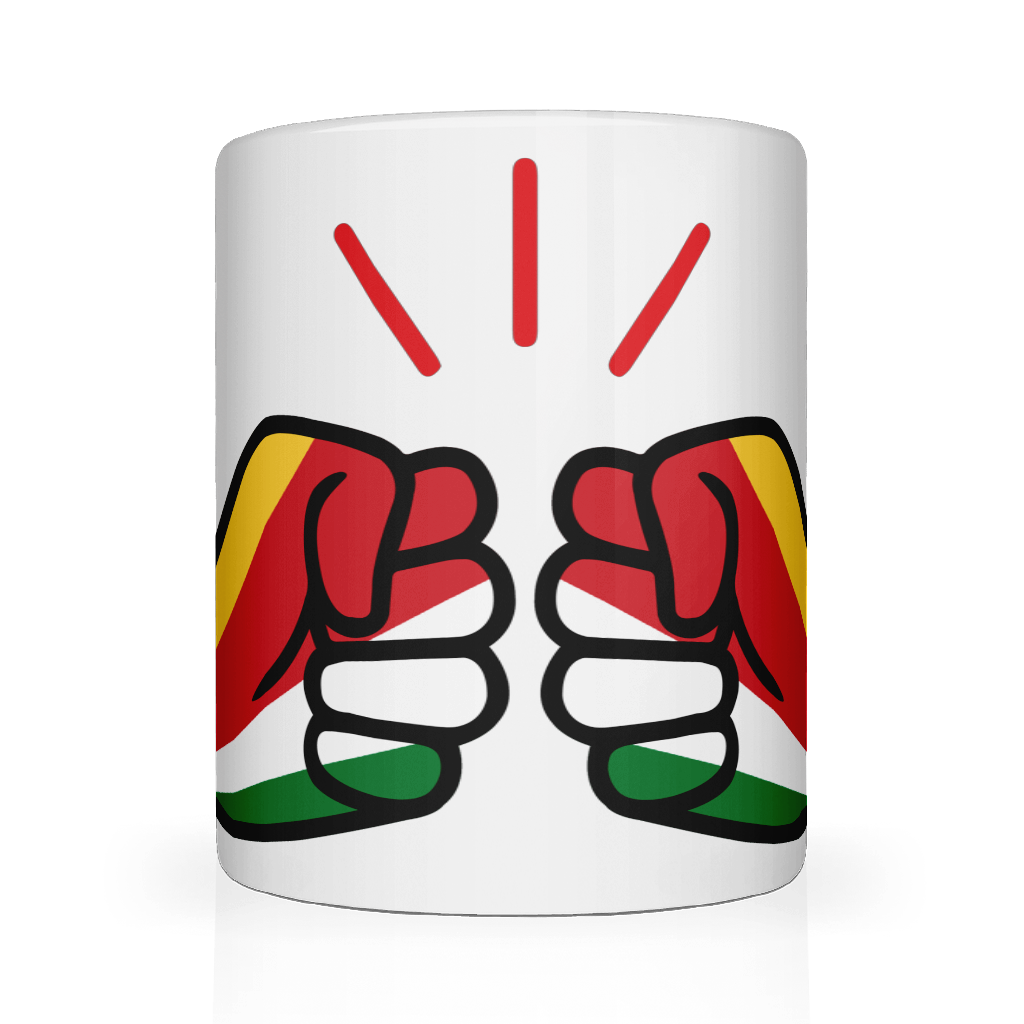 White 11oz ceramic mug with 'We Run Tings' logo and Seychelles flag graphic. Front view