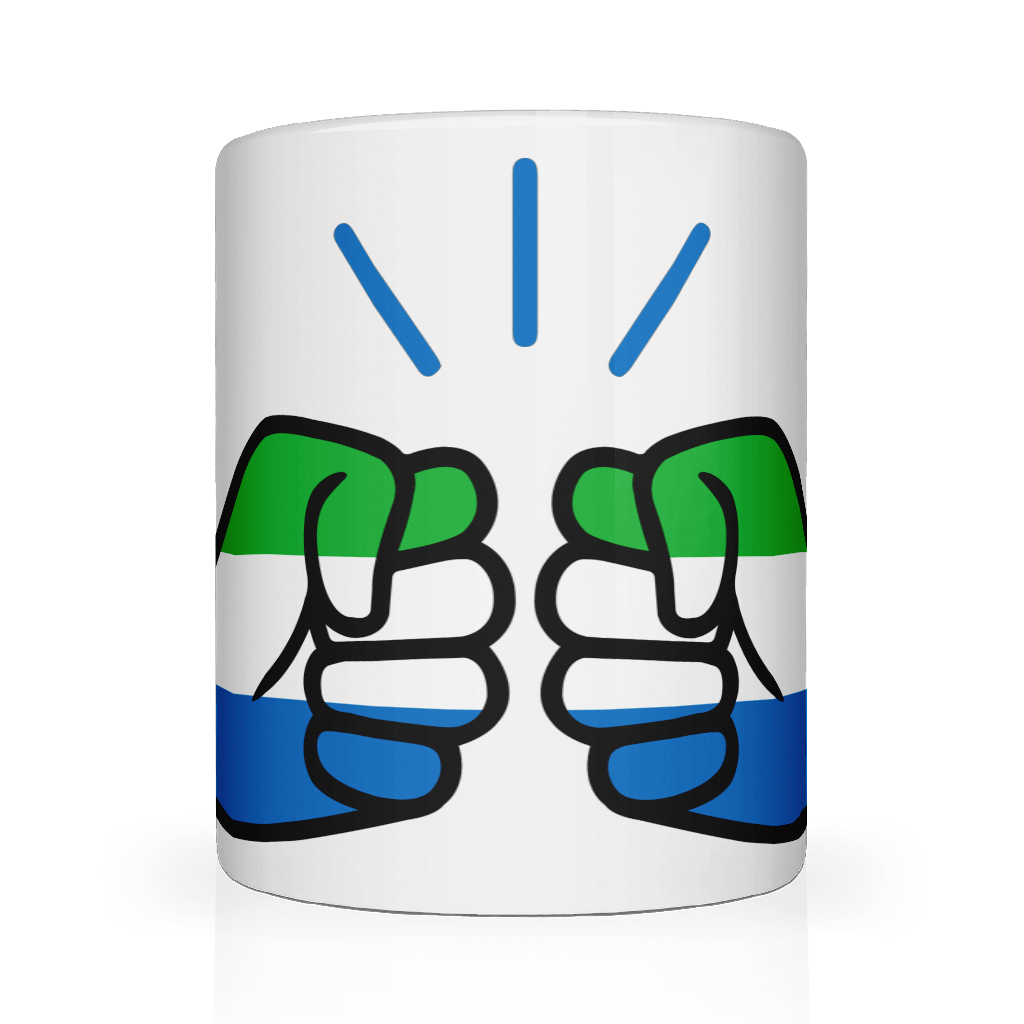 A glossy white ceramic coffee, tea mug with a graphic design of a fist featuring the We Run Tings Logo and the colors of the Sierra Leone flag, indicating a theme or message related to the country.