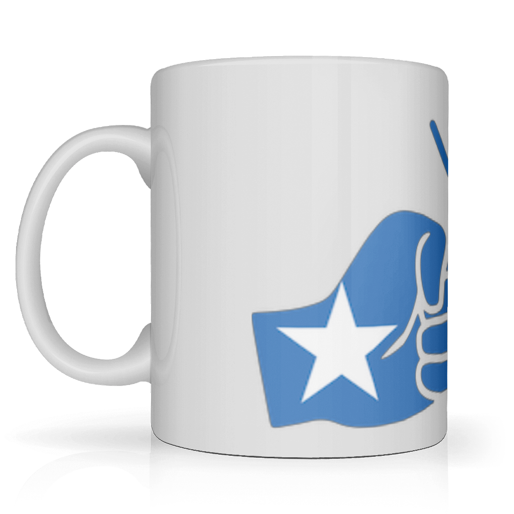Left hand view. White ceramic coffee mug with We Run Tings logo and Somalia flag design.